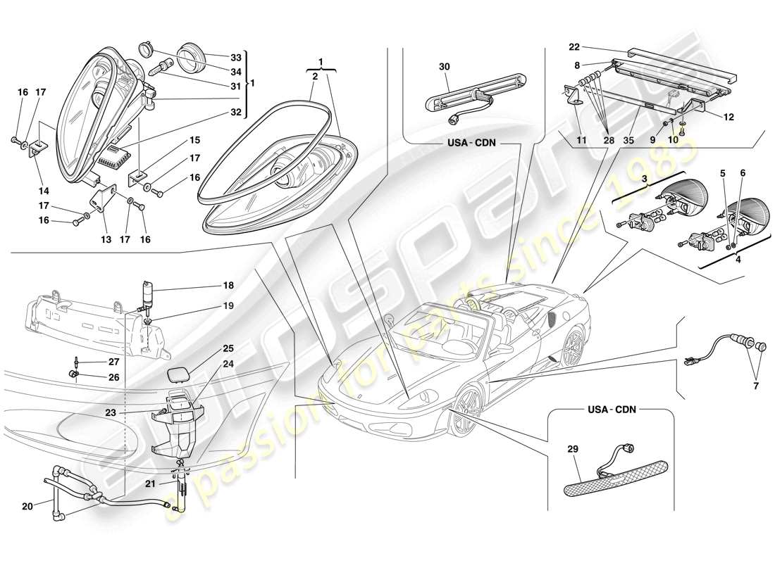 ferrari f430 spider (rhd) scheinwerfer und rücklichter teilediagramm