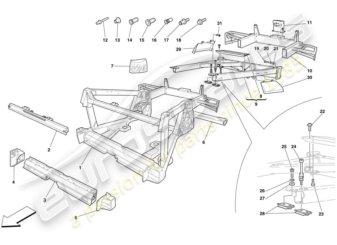 ferrari f430 spider (rhd) telaio - struttura, elementi posteriori e pannelli schema delle parti