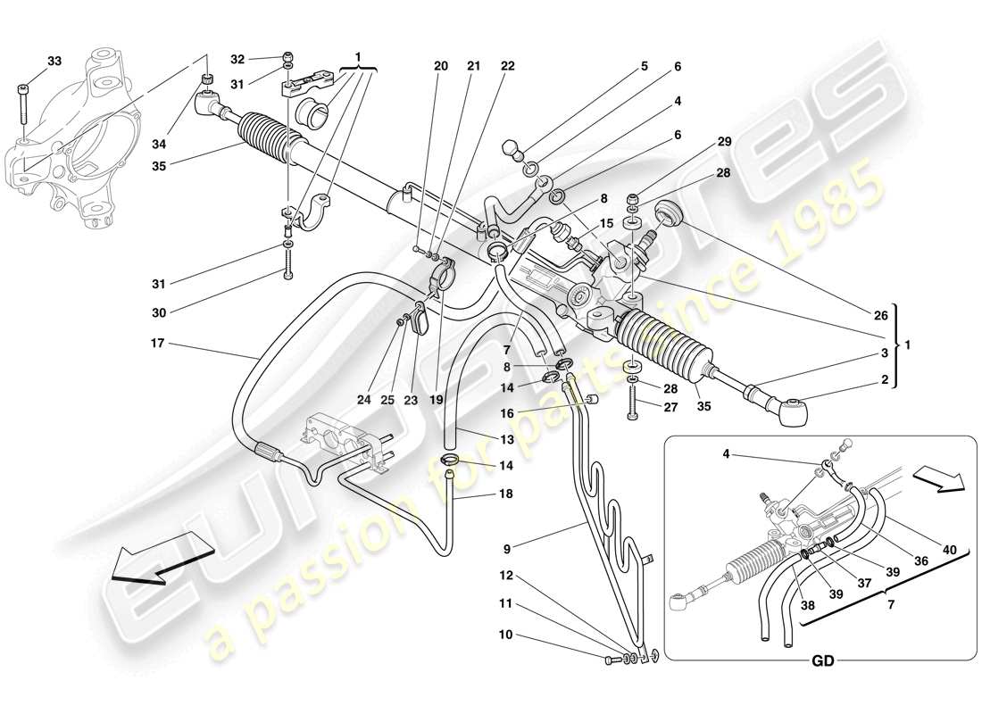 ferrari f430 spider (rhd) scatola del servosterzo idraulico e bobina a serpentina schema delle parti