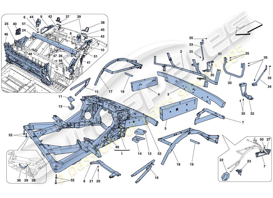 ferrari 458 spider (rhd) telaio - struttura, elementi posteriori e pannelli schema delle parti