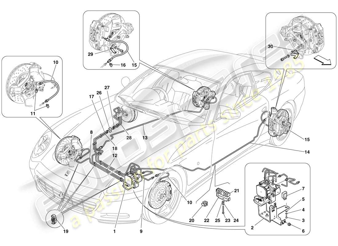 ferrari 612 scaglietti (rhd) sistema di frenaggio diagramma delle parti