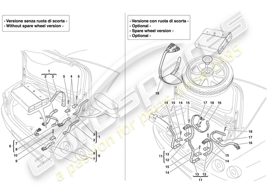 ferrari 612 scaglietti (rhd) fissaggi per ruota di scorta e borsa attrezzi diagramma delle parti