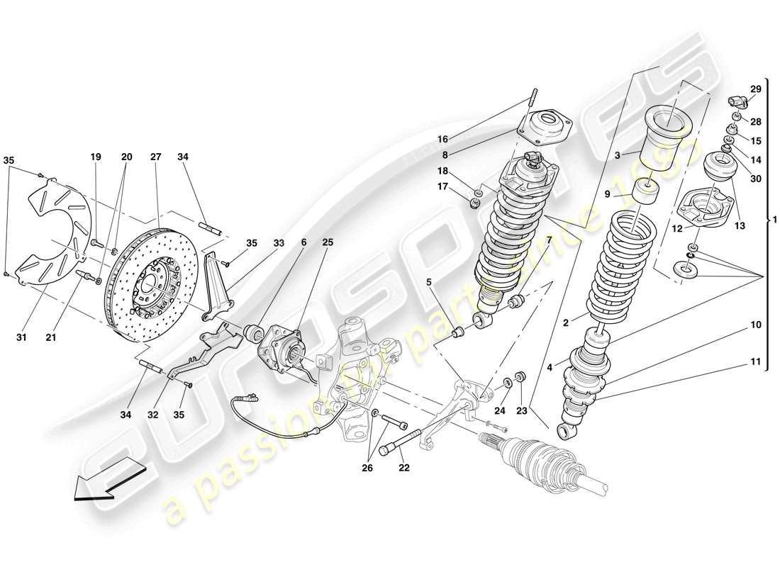 ferrari 599 gto (europe) sospensione posteriore - ammortizzatore e disco freno schema parte