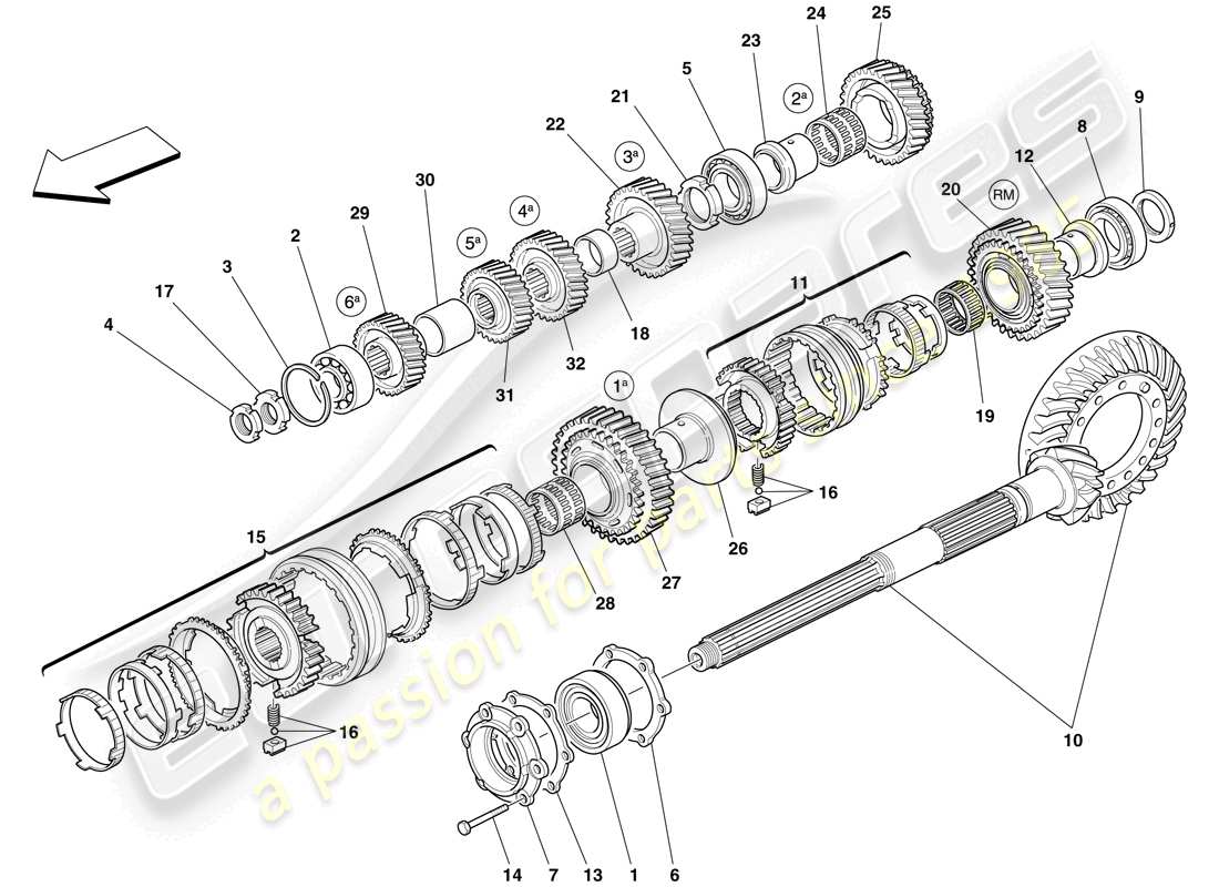 ferrari 612 scaglietti (rhd) ingranaggi dell'albero del cambio secondario diagramma delle parti