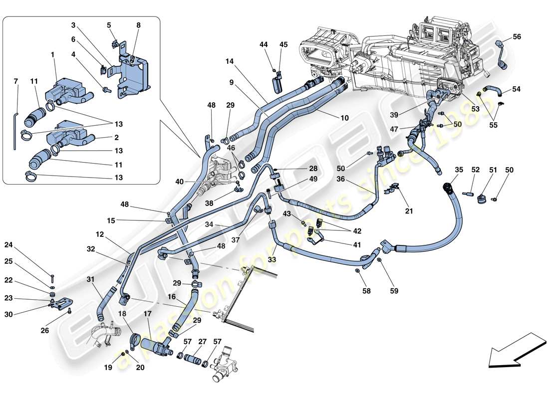 ferrari f12 tdf (rhd) sistema ac - schema delle parti acqua e freon