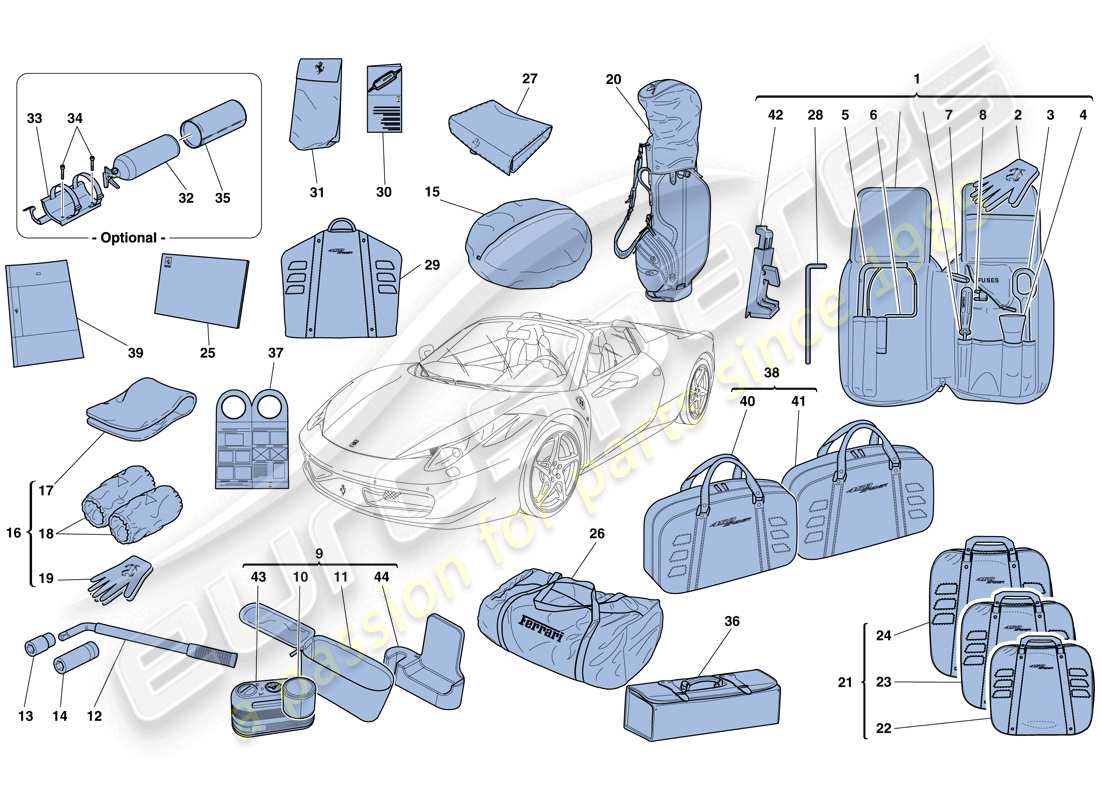 ferrari 458 spider (rhd) attrezzi e accessori forniti con il veicolo schema delle parti