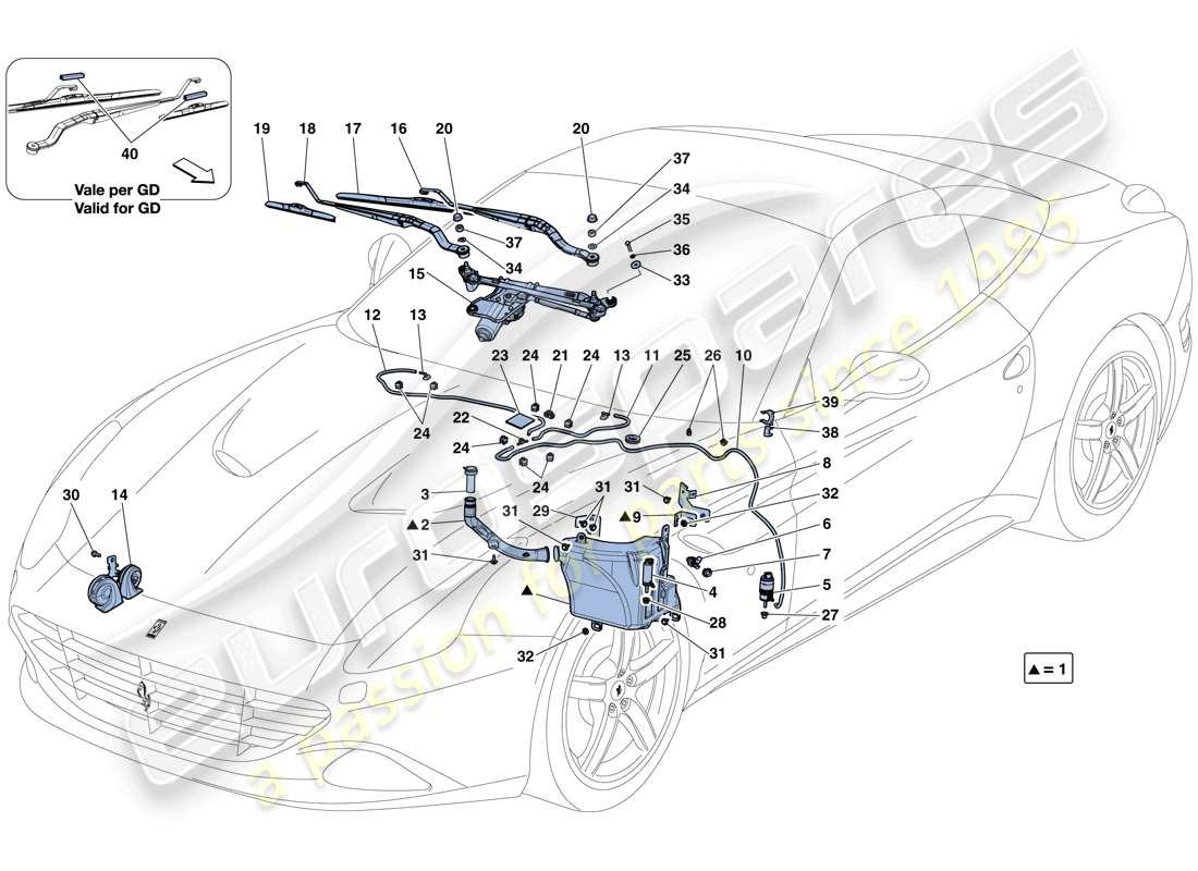 ferrari california t (europe) tergicristallo, rondella e clacson schema delle parti