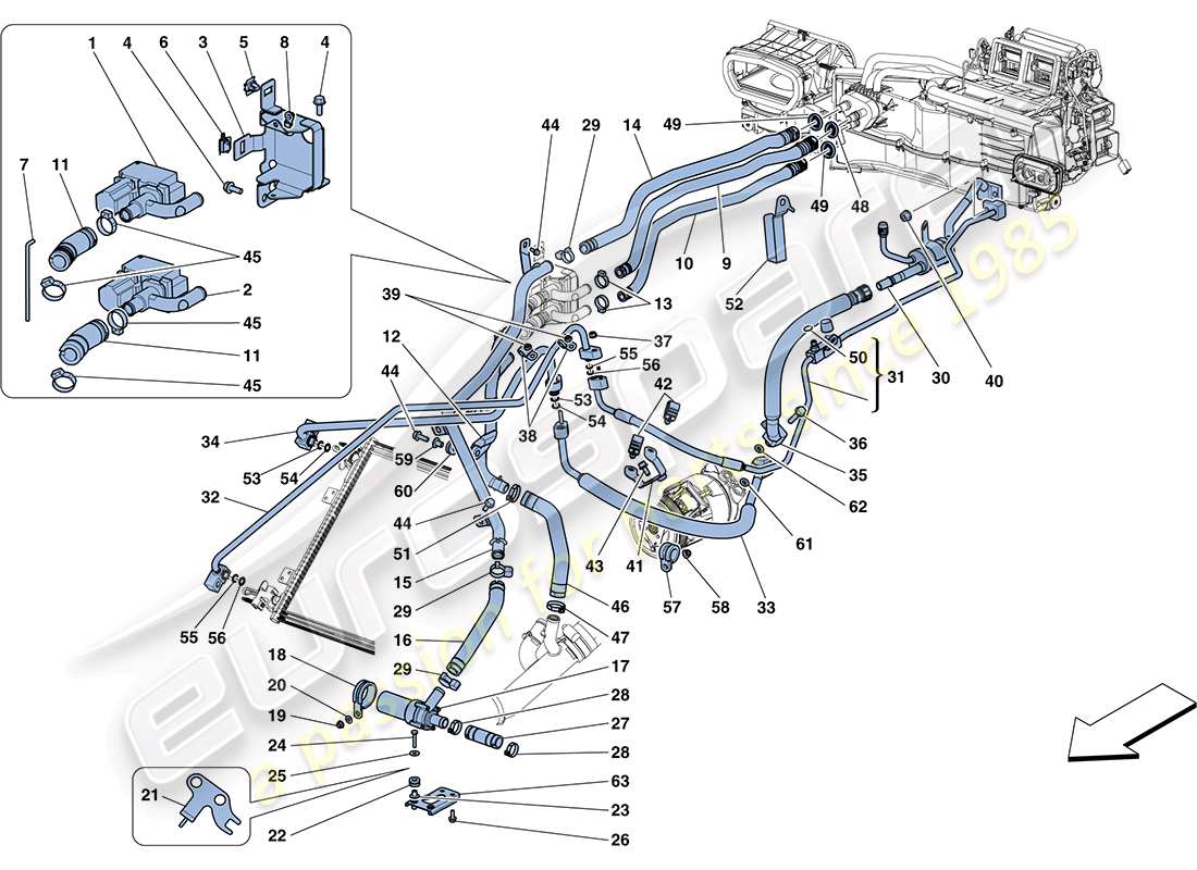 ferrari ff (rhd) sistema ac - schema delle parti acqua e freon