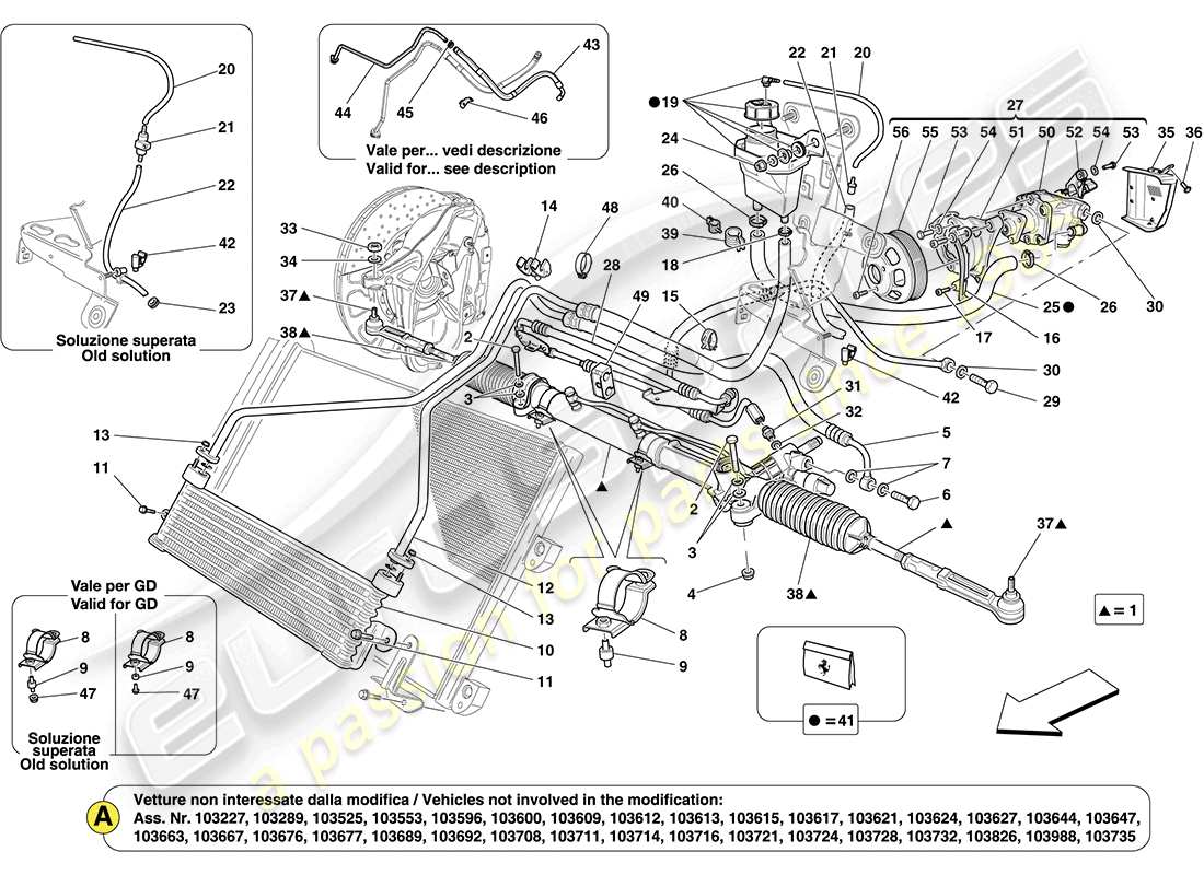 ferrari california (usa) scatola sterzo e pompa del servosterzo diagramma delle parti