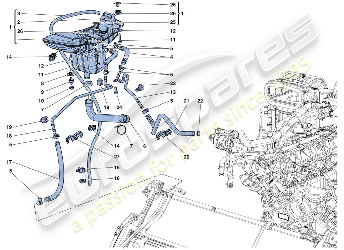 ferrari california t (rhd) raffreddamento: serbatoio di colletzione e tubi schema delle parti