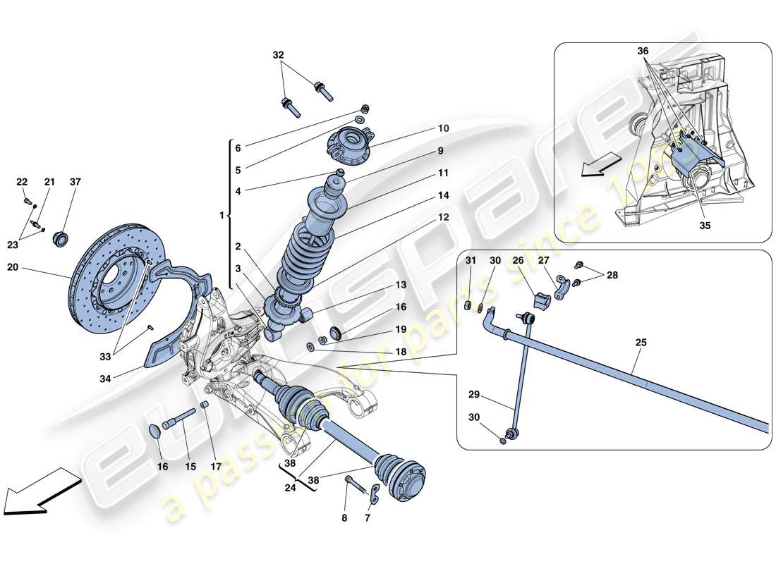 ferrari 458 speciale aperta (rhd) sospensione posteriore - ammortizzatore e disco freno schema parte