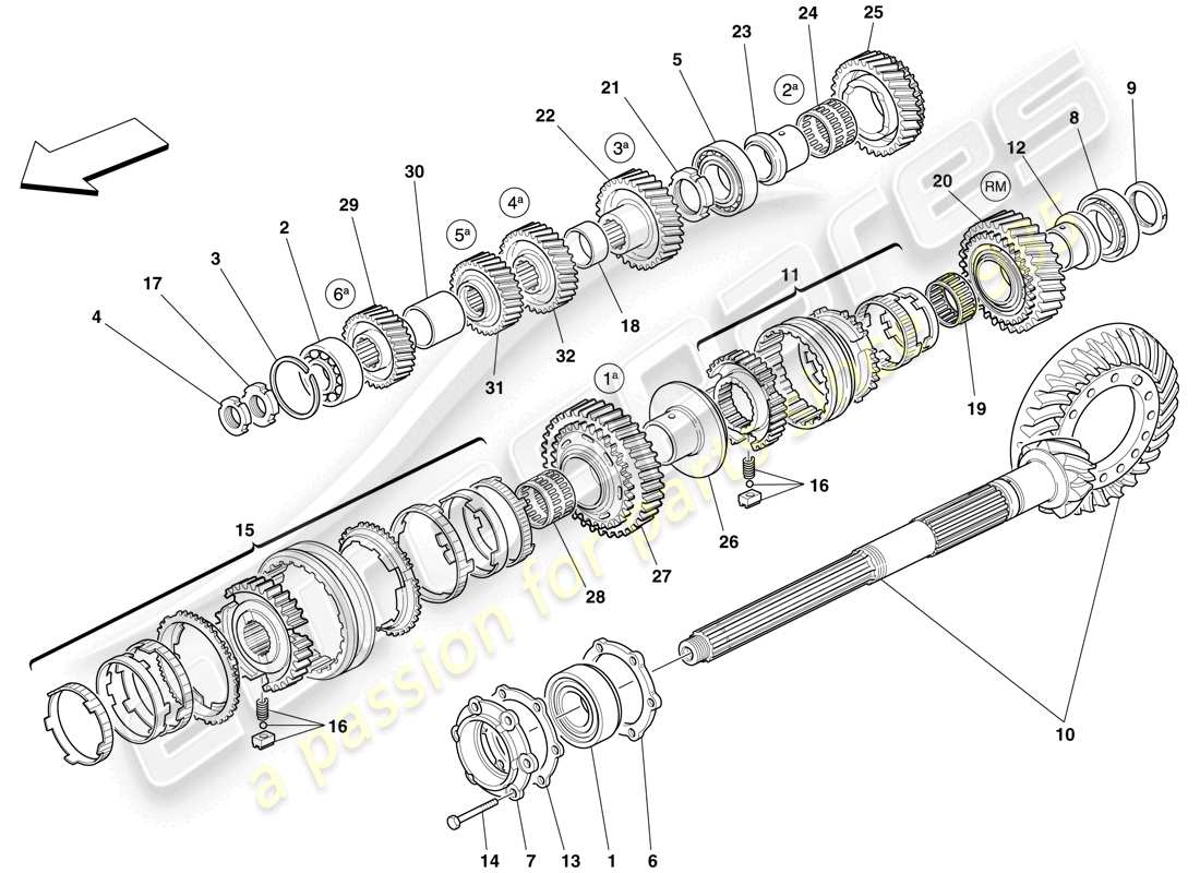 ferrari 599 sa aperta (rhd) ingranaggi dell'albero del cambio secondario diagramma delle parti