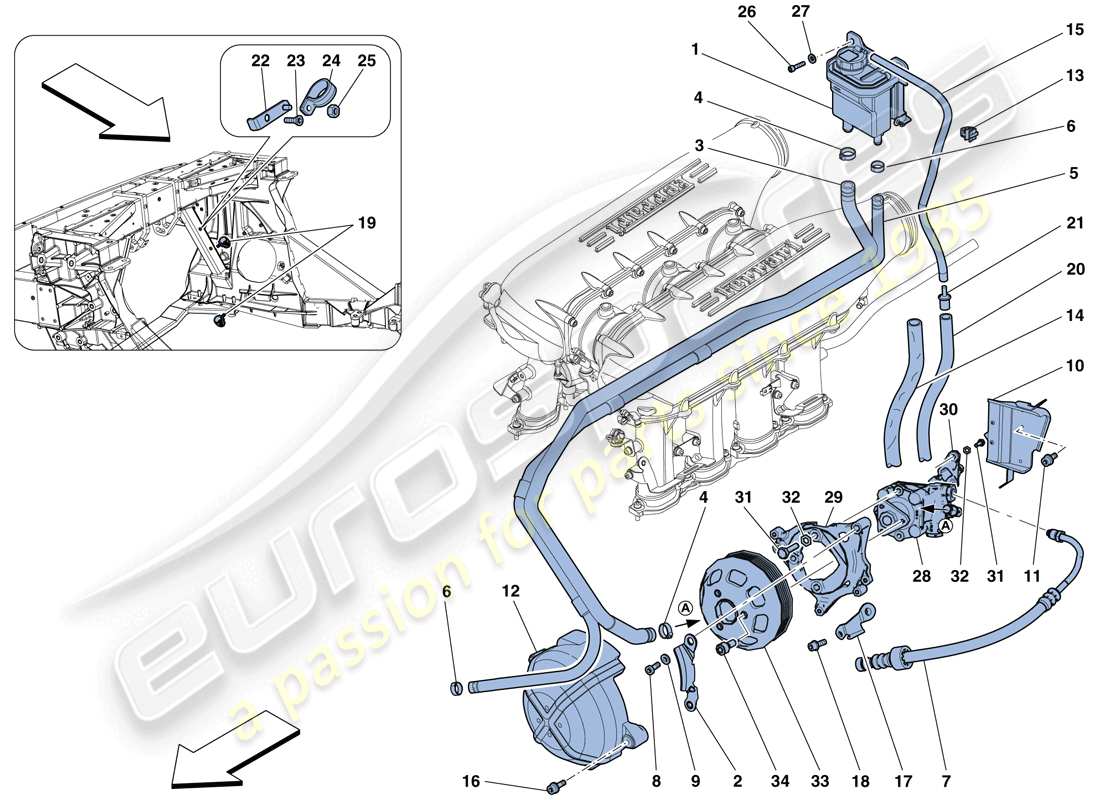 ferrari 458 speciale aperta (rhd) pompa del servosterzo e serbatoio schema delle parti
