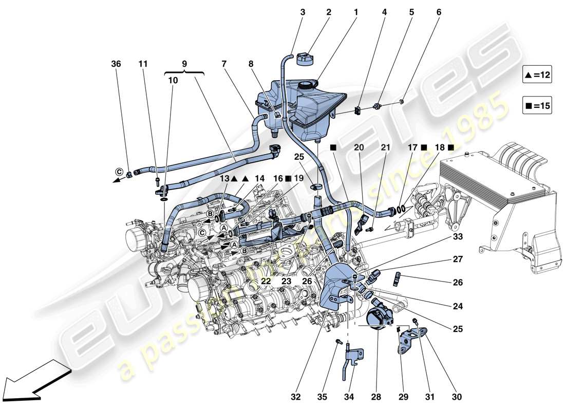 ferrari 488 gtb (rhd) raffreddamento - serbatoio di colletzione e tubi schema delle parti