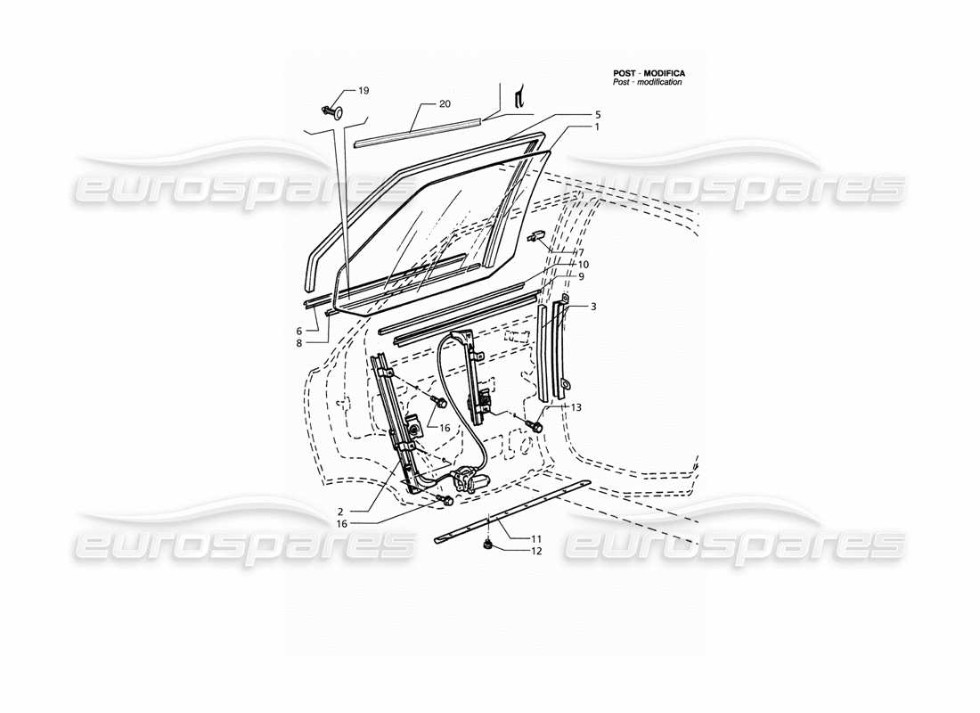 maserati qtp. 3.2 v8 (1999) porte posteriori: diagramma delle parti finestrini e regolatori (post modifica).