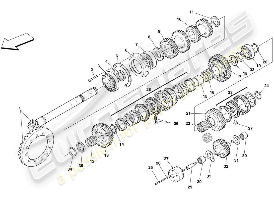 ferrari f430 scuderia (rhd) ingranaggi albero secondario diagramma delle parti