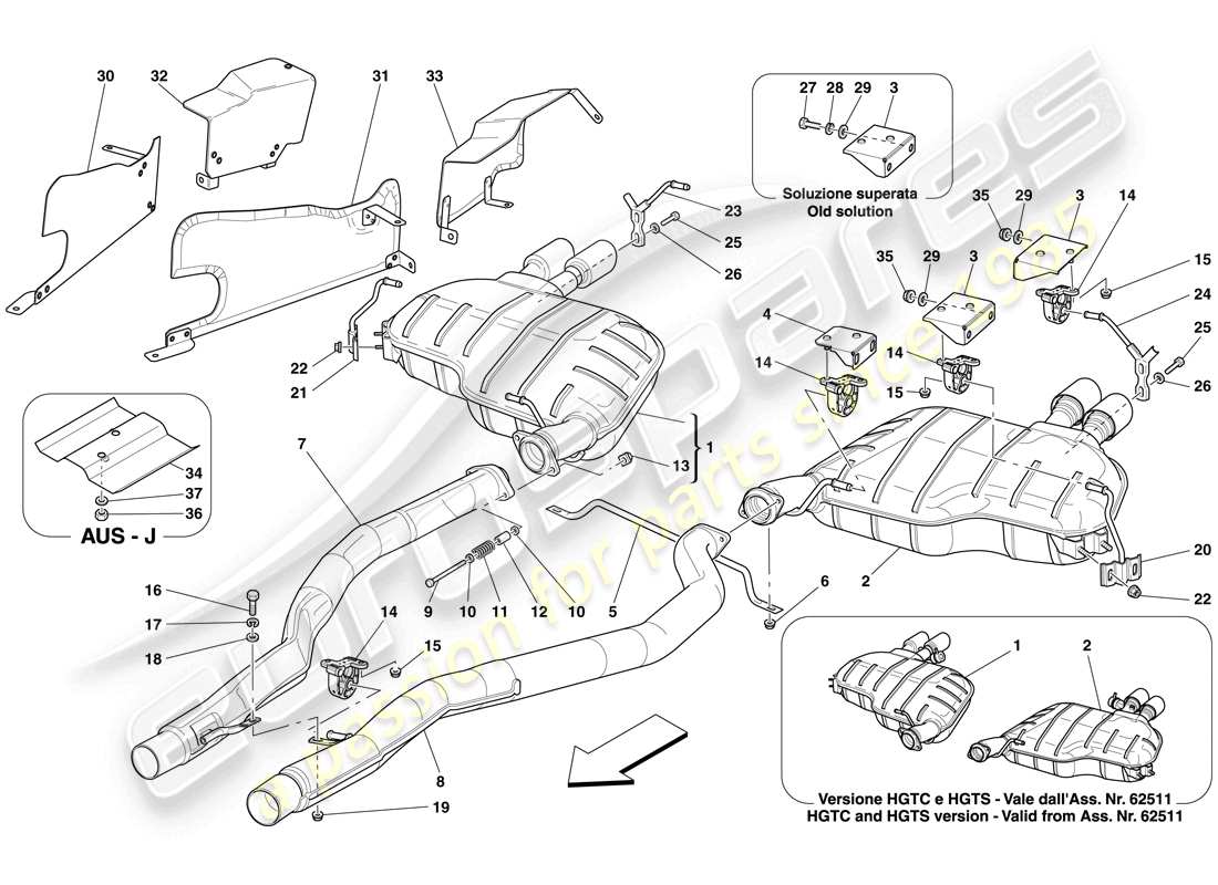 ferrari 612 sessanta (usa) sistema di scarico posteriore diagramma delle parti