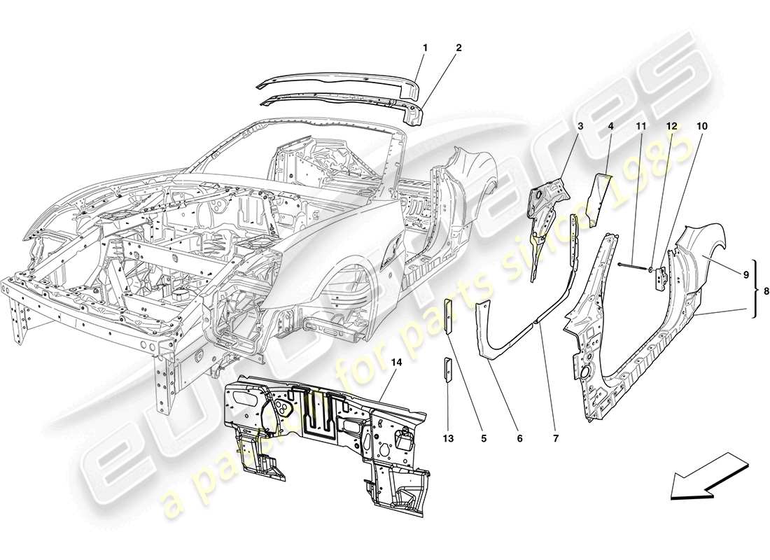 ferrari california (rhd) schema delle parti scocca centrale e rivestimenti esterni