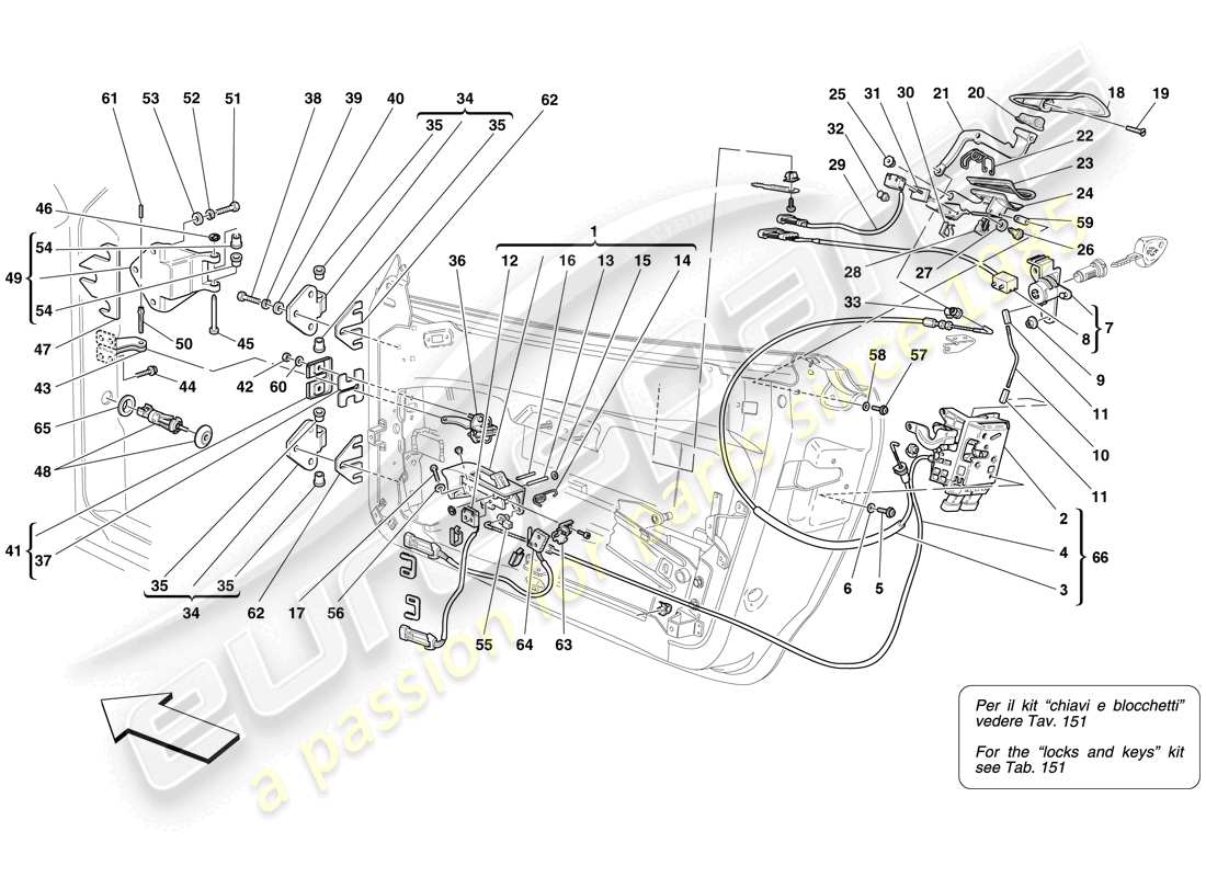 ferrari f430 spider (usa) ante - meccanismo di apertura e cerniere diagramma delle parti
