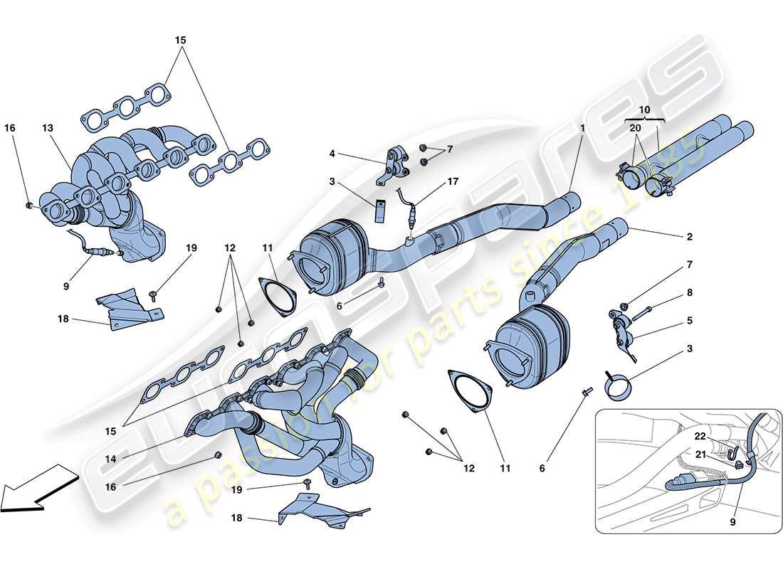 ferrari ff (rhd) diagramma delle parti dei convertitori pre-catalitici e dei convertitori catalitici