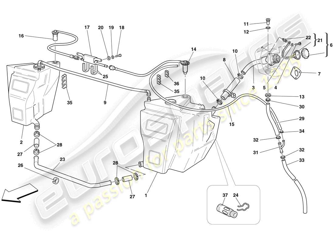 ferrari f430 scuderia (rhd) serbatoi carburante e bocchettone di riempimento schema delle parti