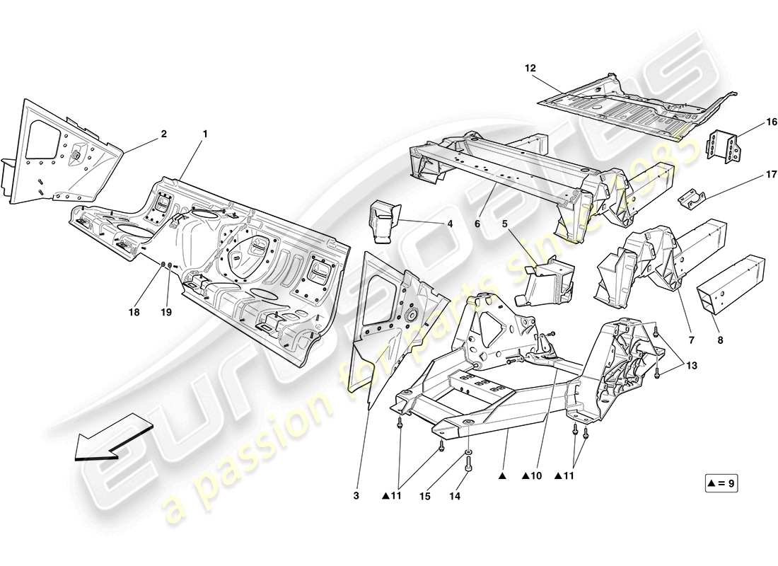 ferrari california (rhd) strutture posteriori e sezioni del cassonato del telaio schema delle parti