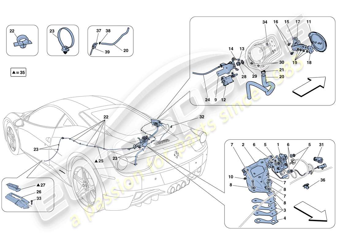 ferrari 458 italia (rhd) meccanismi di apertura del coperchio del vano motore e dello sportello del riempimento carburante schema delle parti