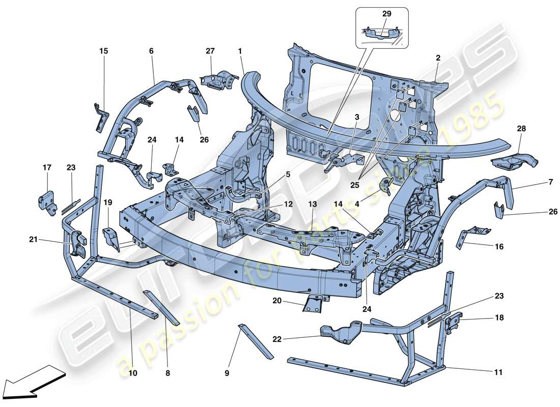 ferrari 488 gtb (rhd) telaio - struttura anteriore completa e pannelli schema delle parti