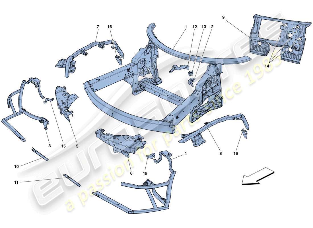 ferrari 458 speciale aperta (rhd) telaio - struttura anteriore completa e pannelli schema delle parti