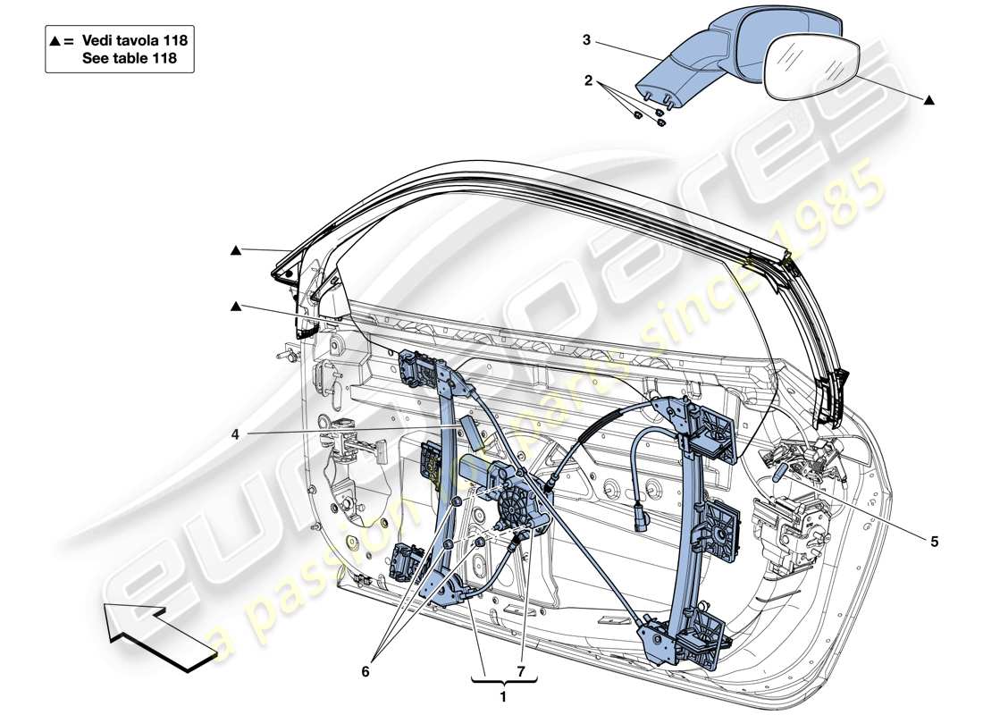 ferrari 458 italia (rhd) porte - alzacristalli elettrici e specchio retrovisore diagramma delle parti