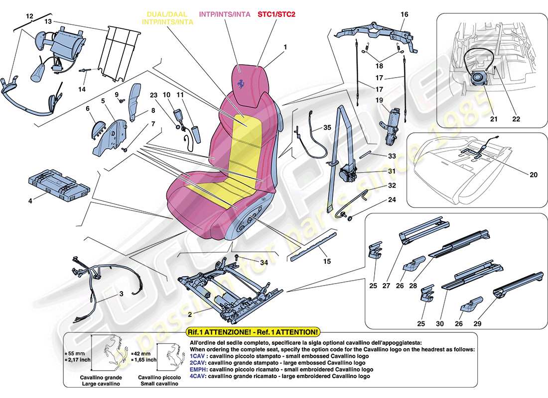 ferrari ff (europe) sedile anteriore - cinture di sicurezza, guide e regolazioni diagramma delle parti