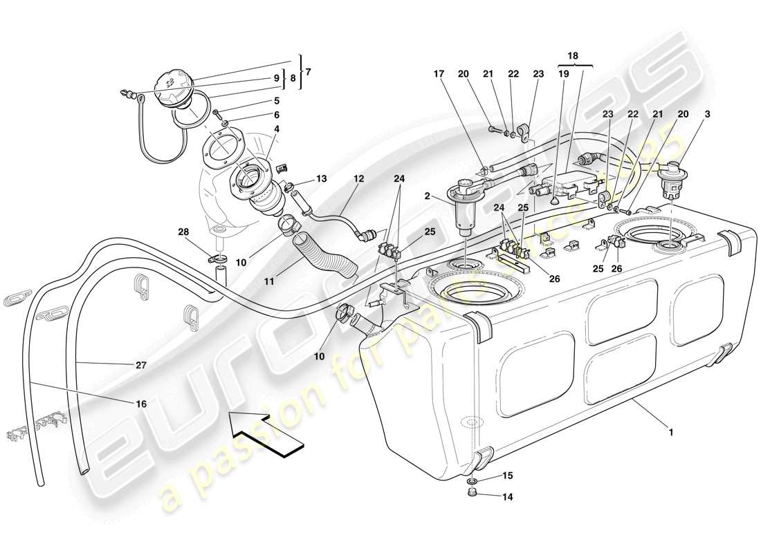 ferrari 612 sessanta (usa) serbatoio carburante - collo di riempimento e tubi diagramma delle parti