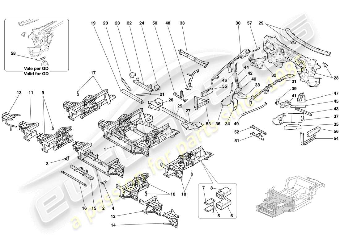 ferrari 612 sessanta (rhd) structures and elements, front of vehicle part diagram