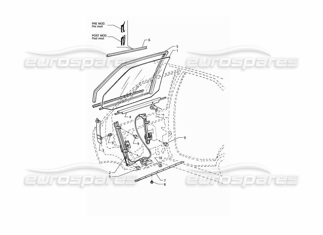 maserati qtp v8 (1998) porte posteriori: diagramma delle parti di finestrini e regolatori