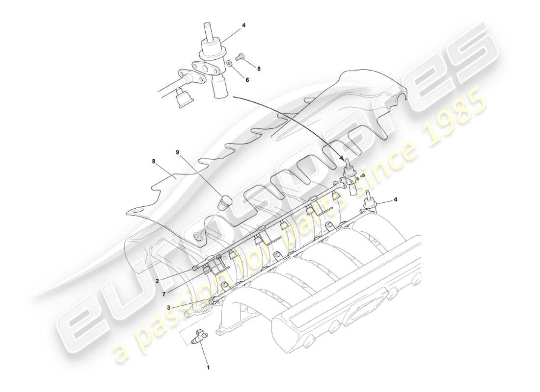 aston martin db7 vantage (2002) diagramma delle parti dei rail e degli iniettori del carburante