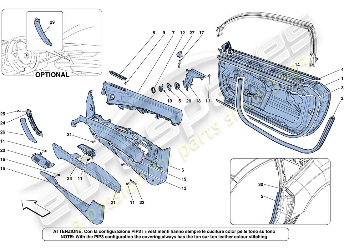 ferrari ff (rhd) porte - sottostruttura e rivestimento schema delle parti