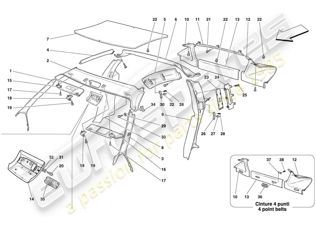ferrari f430 scuderia (rhd) rivestimento del pieno e accessori diagramma delle parti