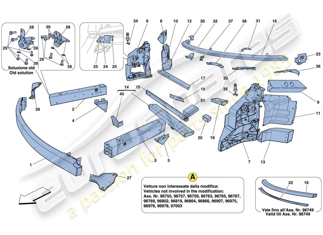 ferrari 458 italia (rhd) telaio - struttura, elementi anteriori e pannelli schema delle parti