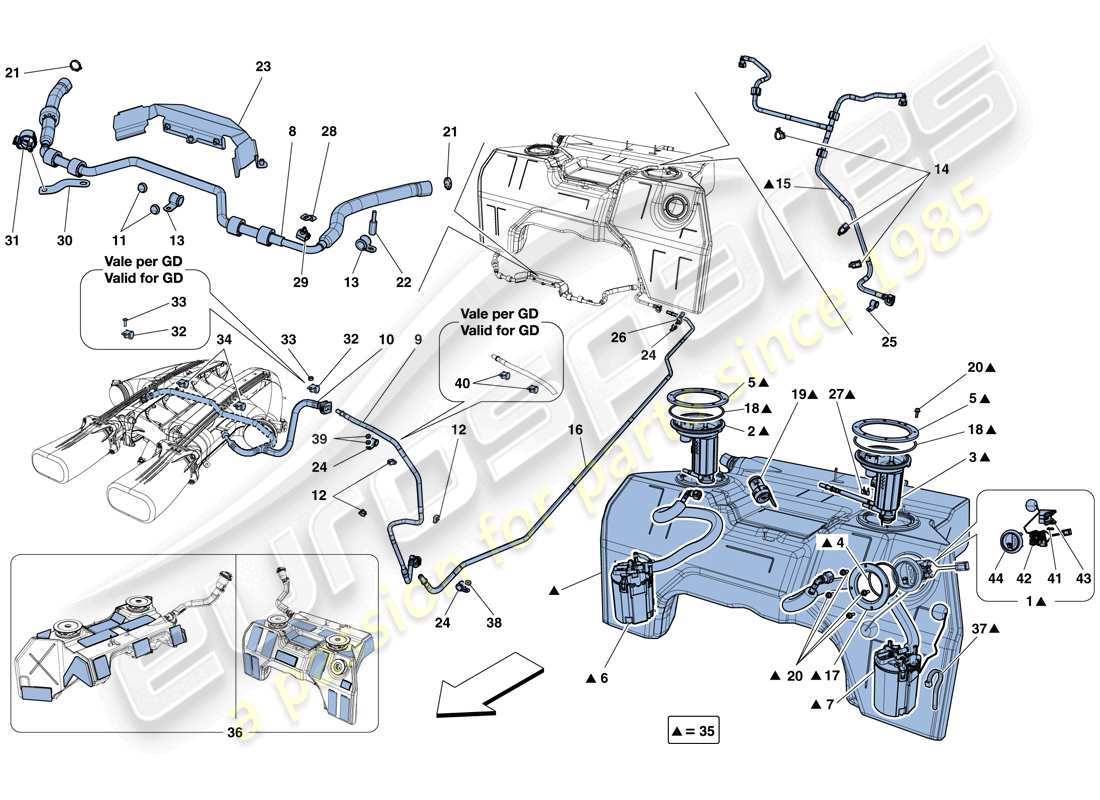 ferrari f12 tdf (usa) serbatoio carburante, pompe e tubi dell'impianto di alimentazione schema delle parti