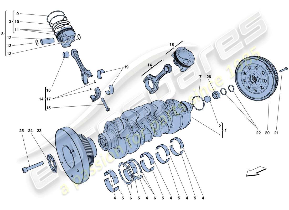 ferrari california t (rhd) albero motore, bielle e pistoni diagramma delle parti