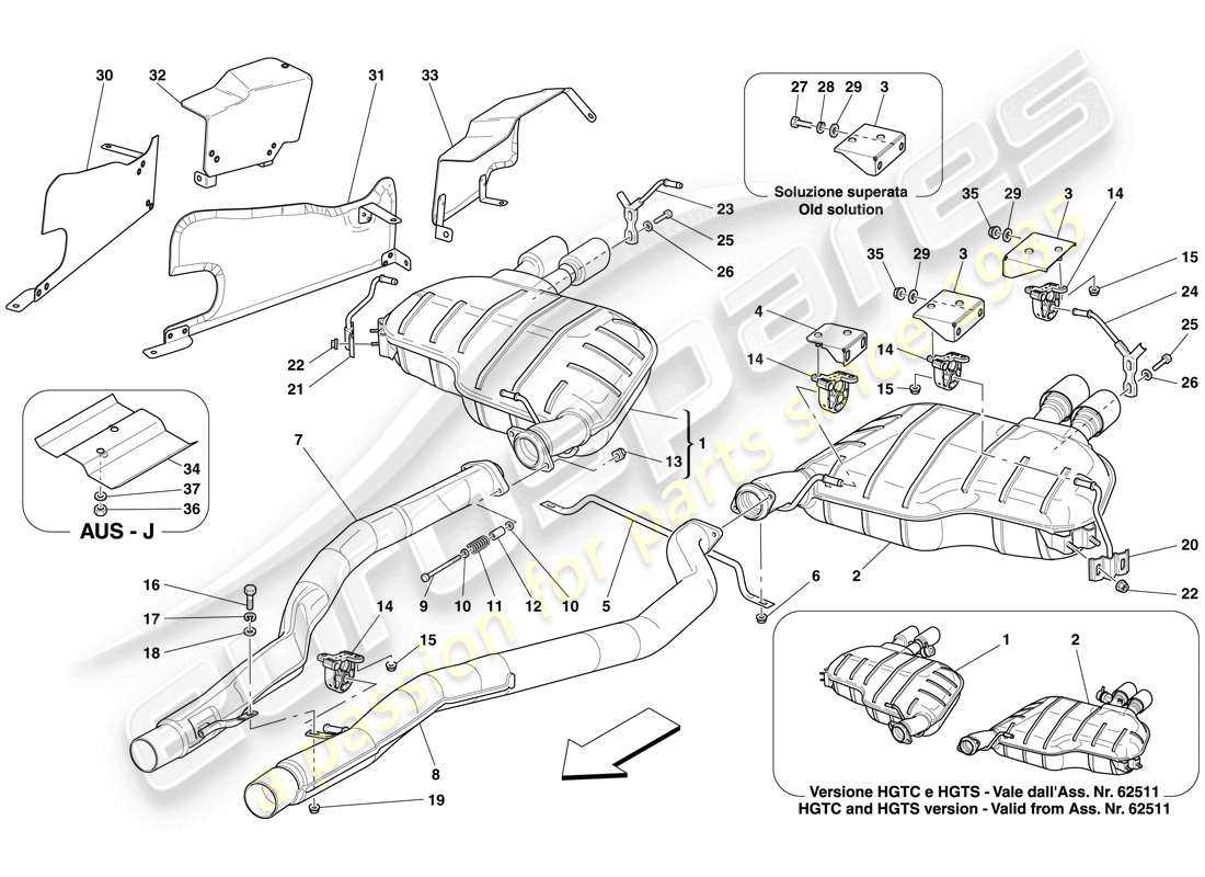 ferrari 612 scaglietti (rhd) sistema di scarico posteriore schema delle parti