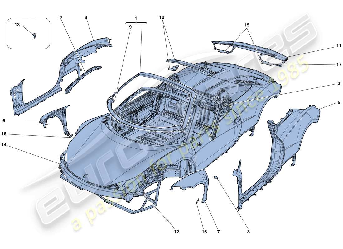 ferrari 458 speciale aperta (rhd) scocca - rivestimento esterno diagramma delle parti