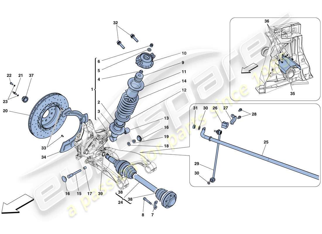 ferrari 488 gtb (rhd) sospensione posteriore: ammortizzatore e disco freno diagramma delle parti