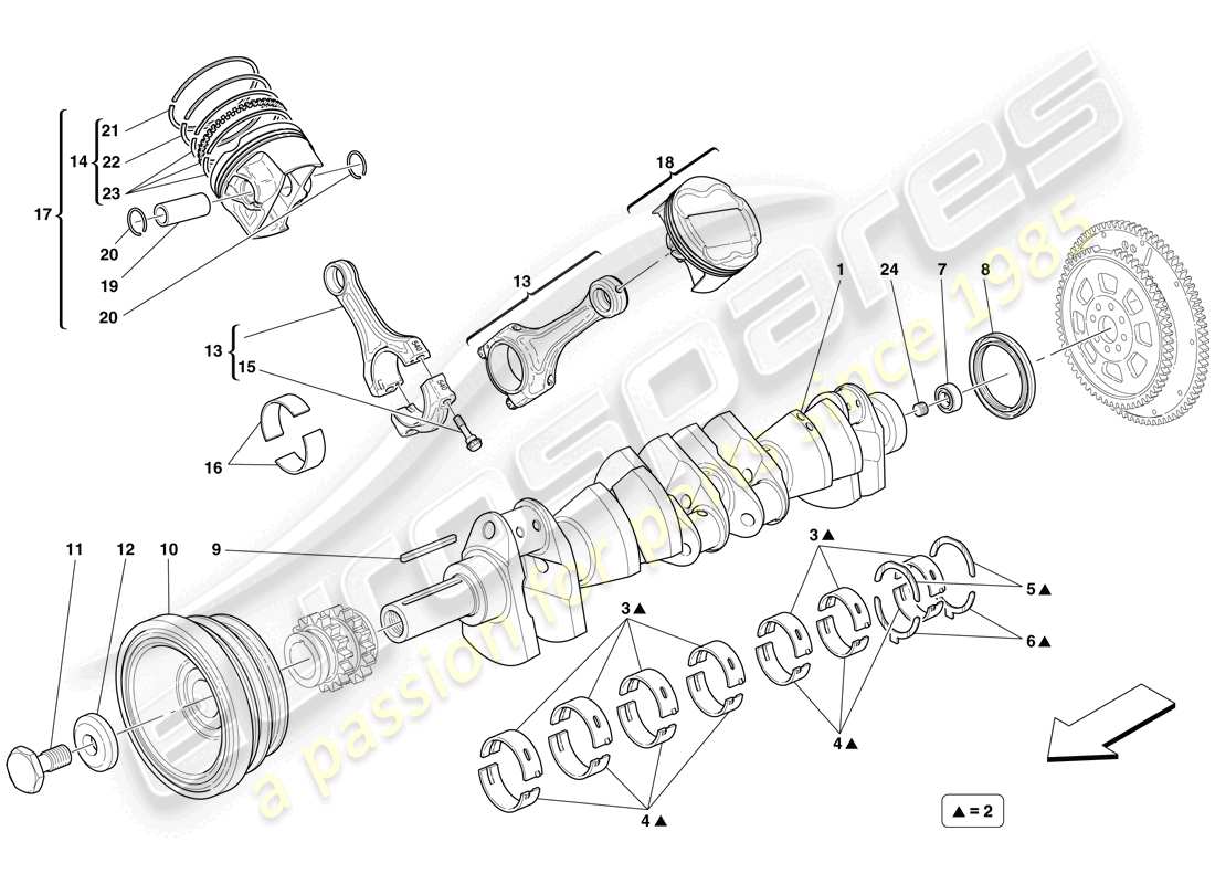 ferrari 599 gtb fiorano (rhd) albero motore - bielle e pistoni schema parte