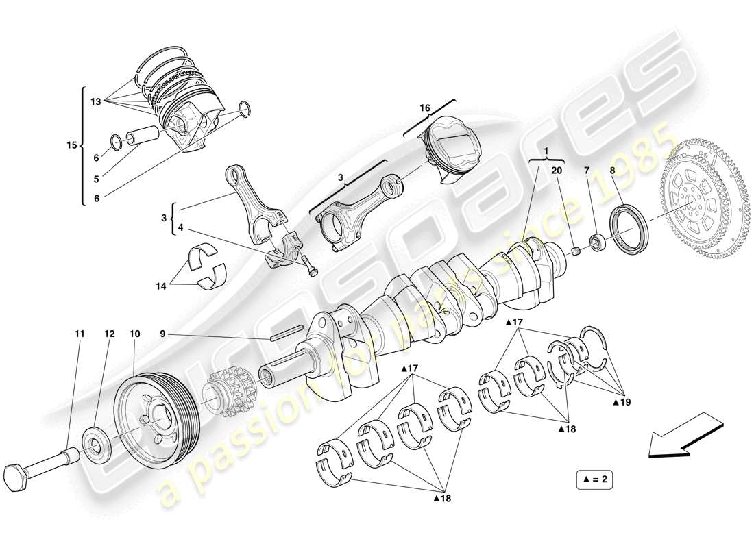 ferrari 599 sa aperta (rhd) albero motore - bielle e pistoni schema parte