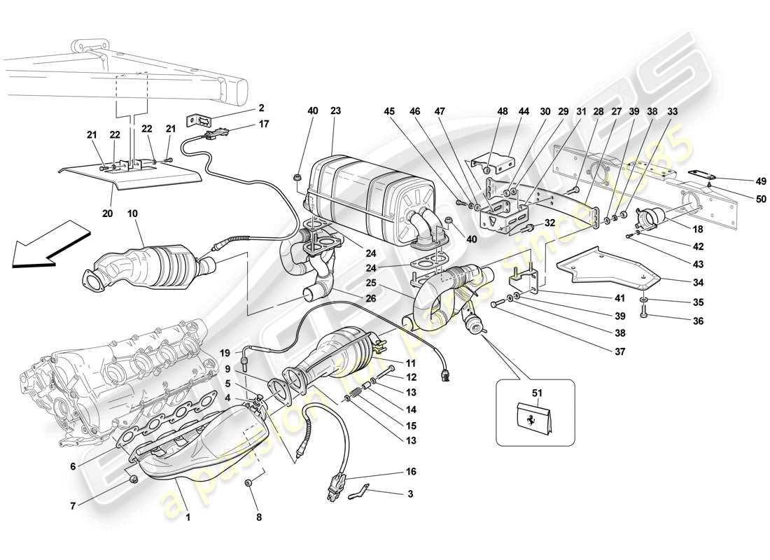 ferrari f430 scuderia (rhd) sistema di scarico racing schema delle parti