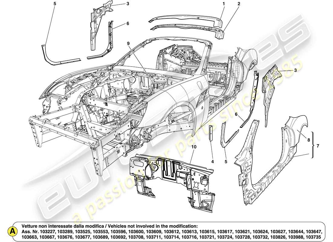 ferrari california (europe) scocca centrale e finiture esterne diagramma delle parti