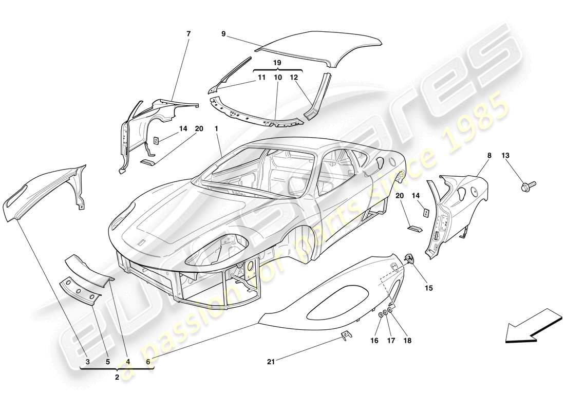 ferrari f430 scuderia (rhd) scocca - rivestimenti esterni schema delle parti