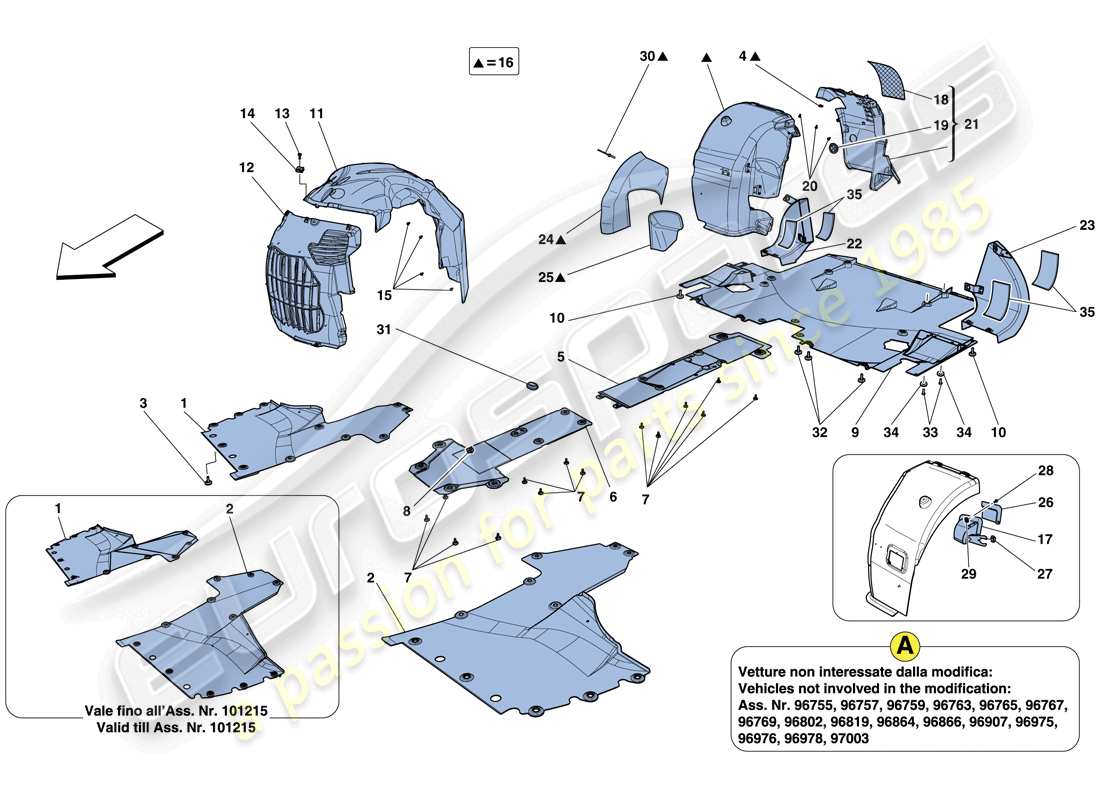 ferrari 458 italia (rhd) sottocorpone piatto e passaruote schema delle parti
