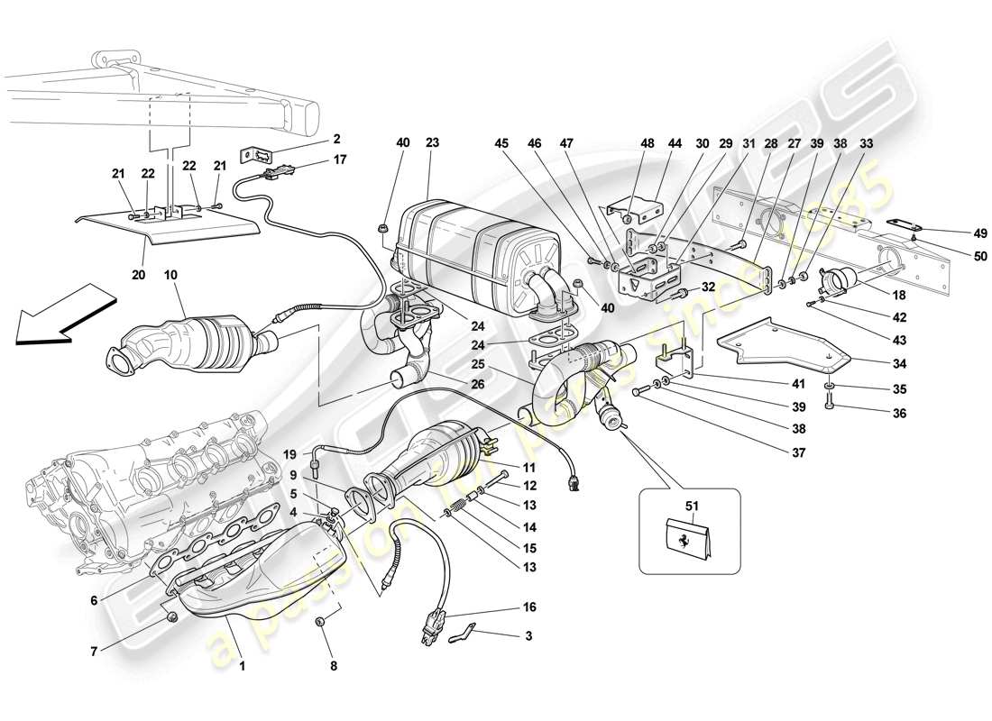 ferrari f430 scuderia spider 16m (rhd) impianto di scarico da corsa diagramma delle parti